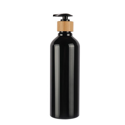 Black Round Shoulder PET Cosmetic Lotion Bottle With Natural Bamboo Lotion Pump